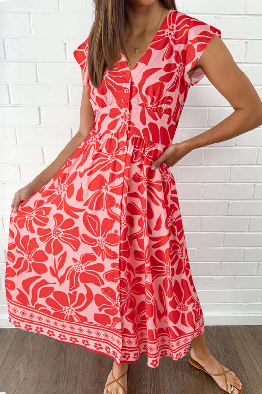Boho Floral Short Sleeve V Neck Buttoned Shirred Waist Long Dress