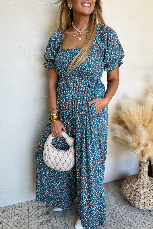 Vintage Boho Floral Smocked Short Puff Sleeve Wide Leg Jumpsuit