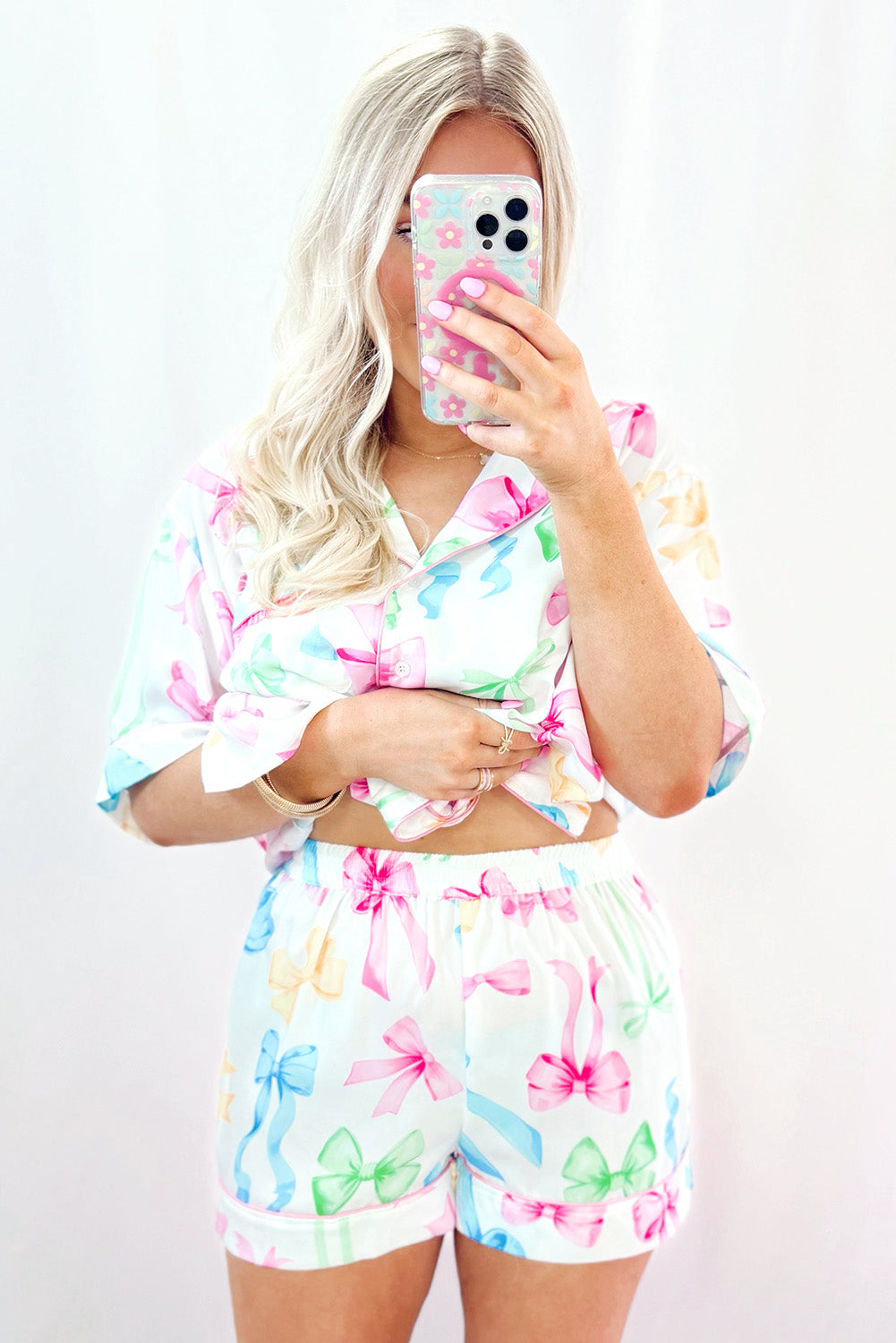 Bowknot Print Buttoned Shirt High Waist Shorts Pajama Set