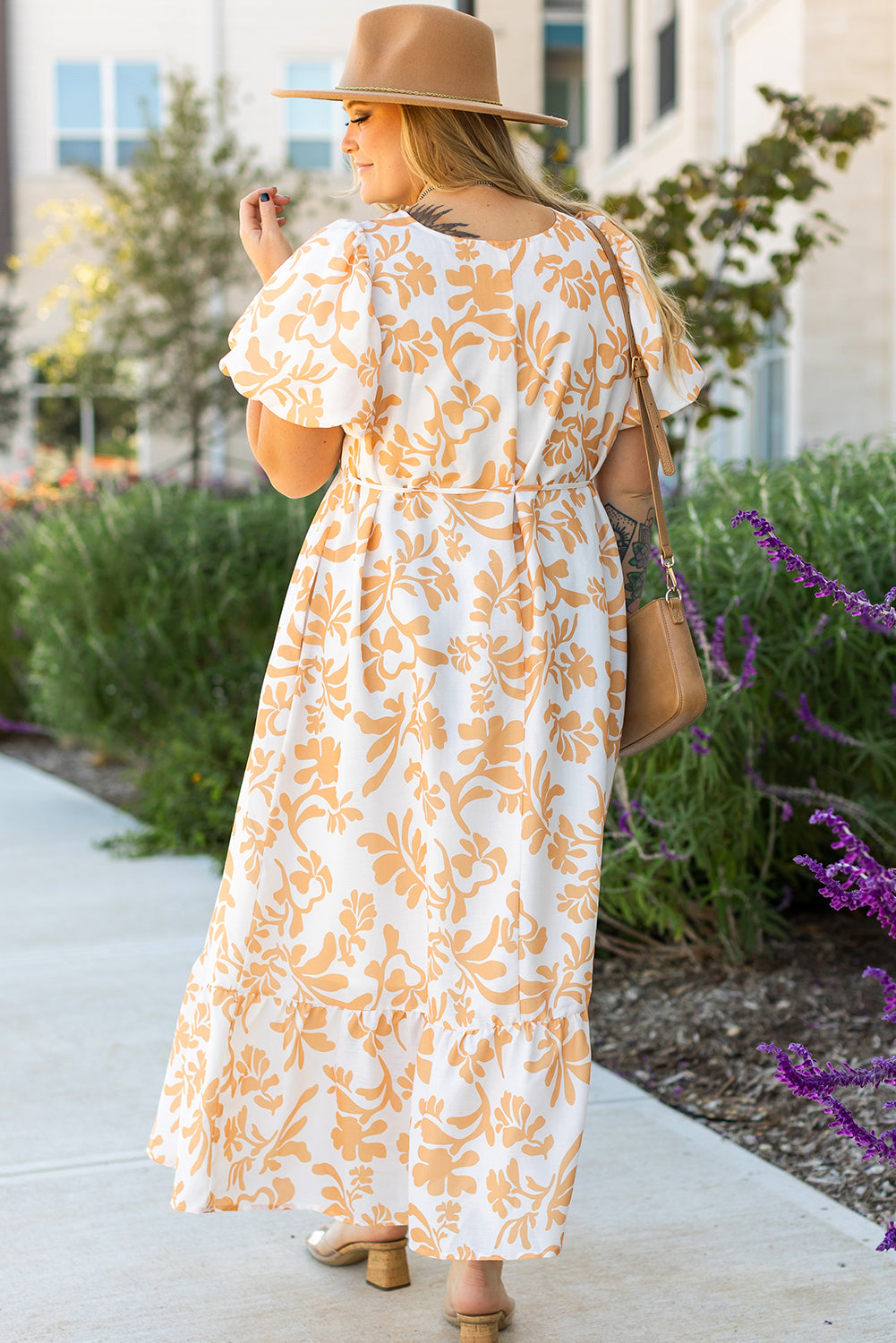 Floral Print Puff Short Sleeve Resort Plus Size Maxi Dress