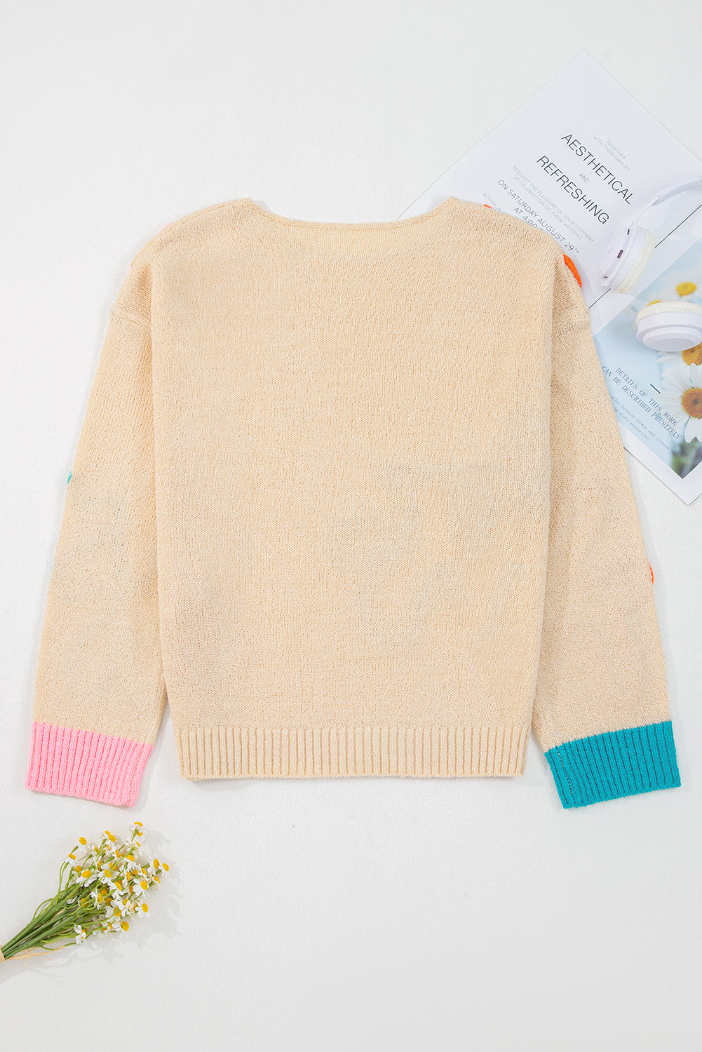 Contrast Flower Detail Colorblock Cuffed Loose Sweater