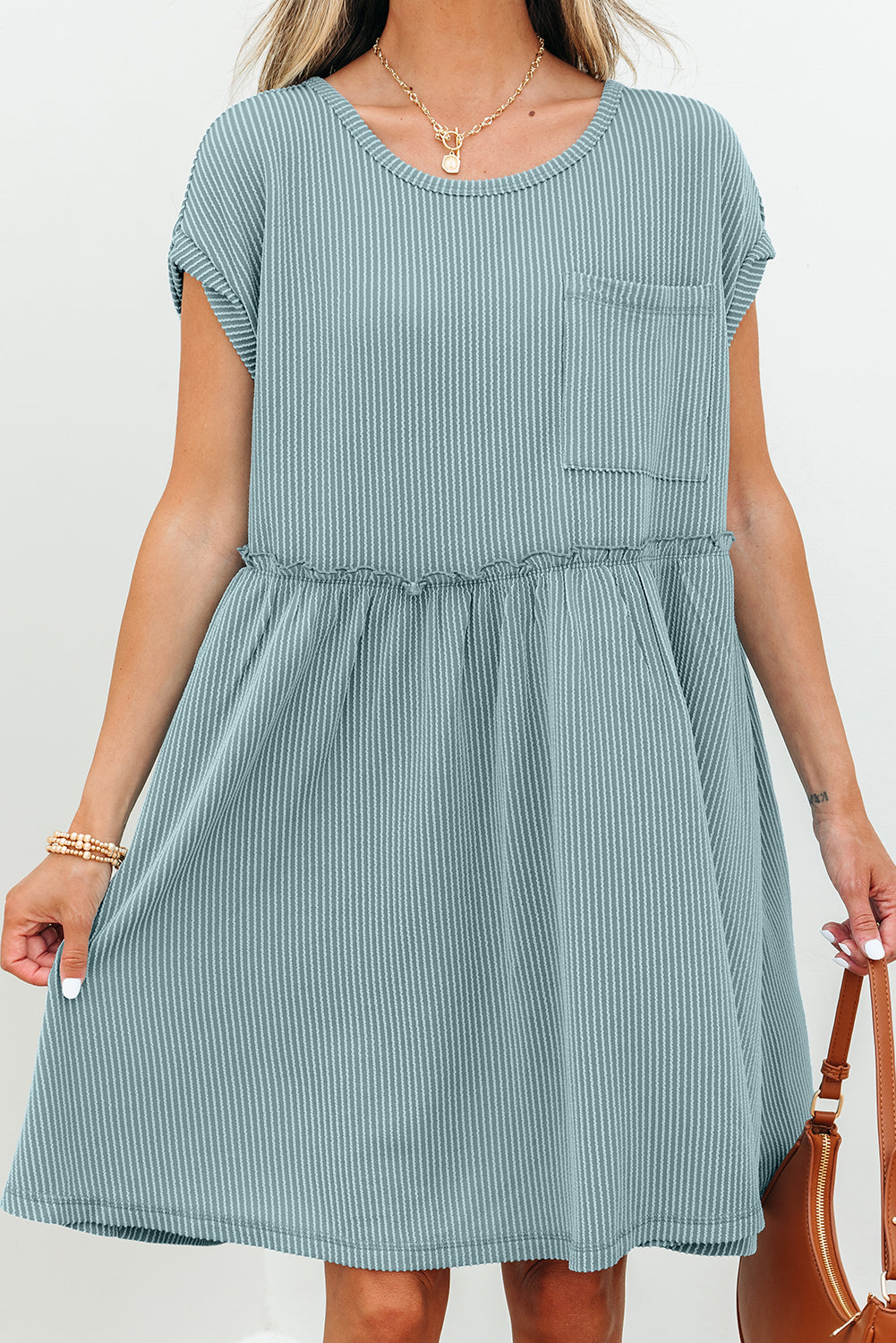 Corded Knit Textured Patched Pocket Frilled Swing Mini Dress with Pockets