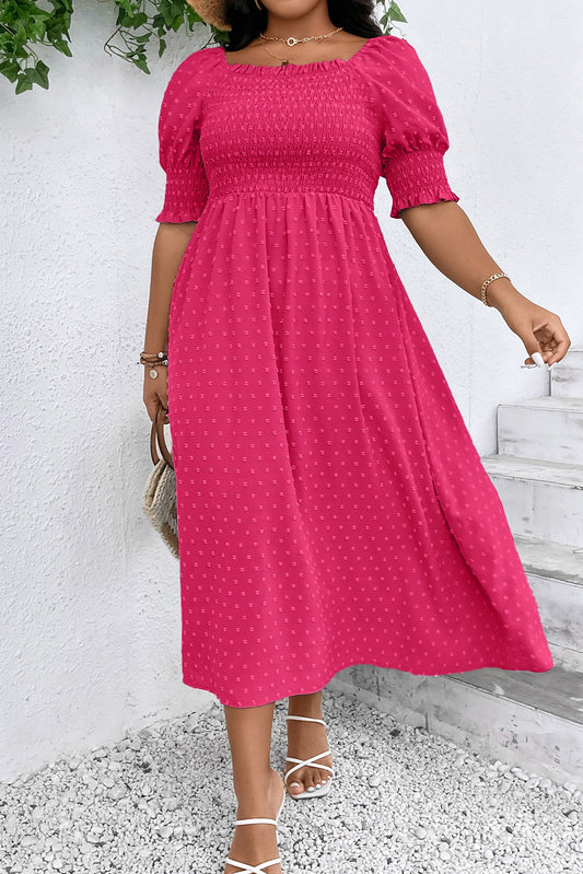 Swiss Dot Smocked Frilled Neckline Short Sleeve Plus Size Dress