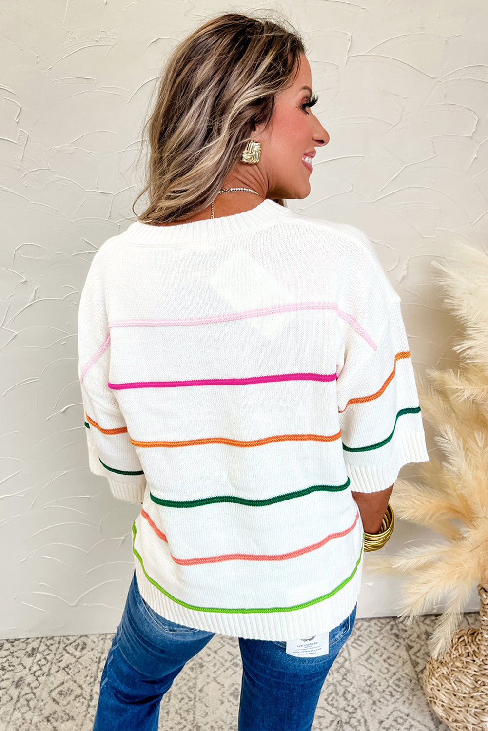 Colorblock Striped Half Sleeve Drop Shoulder Sweater