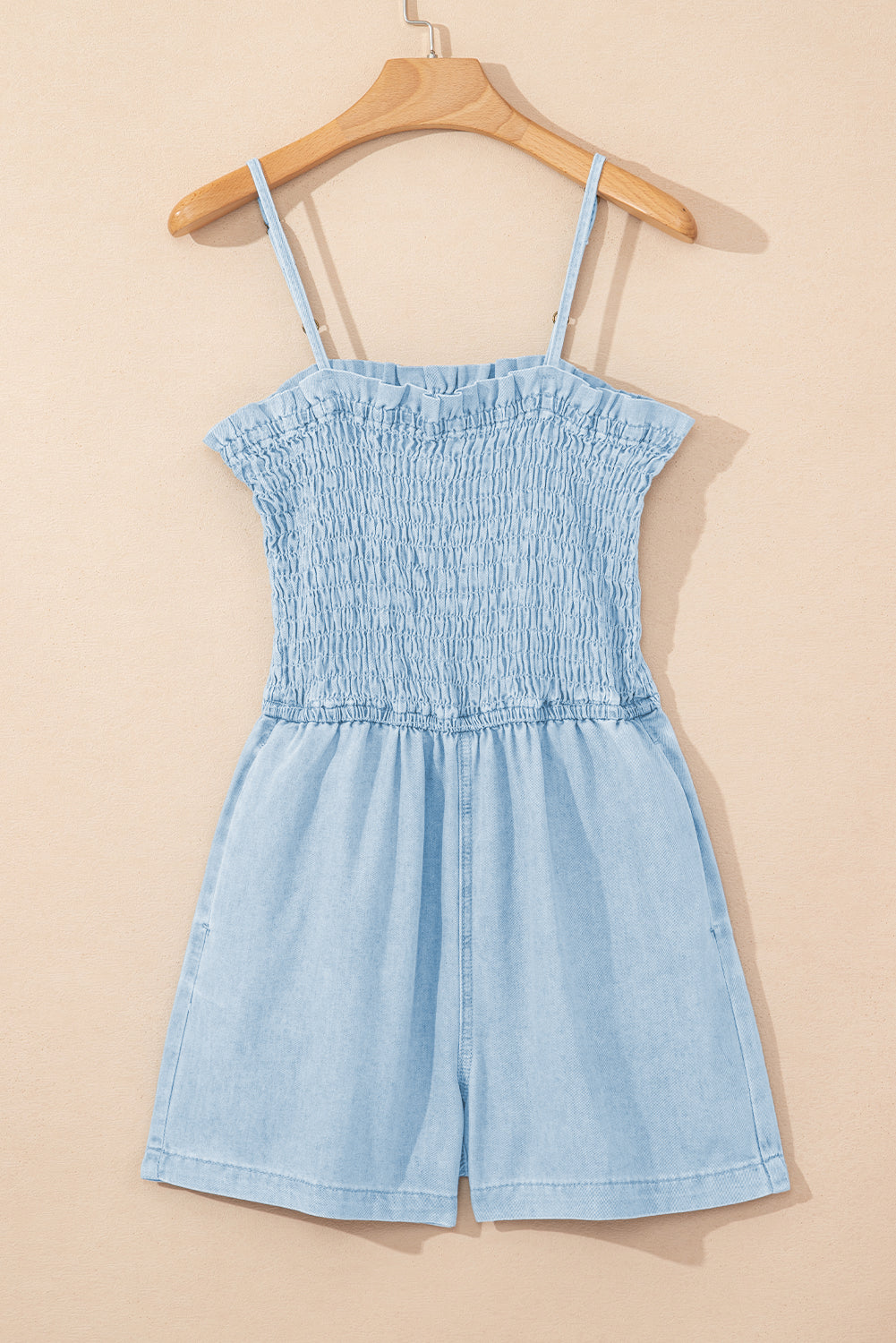 Spaghetti Strap Smocked Denim Romper