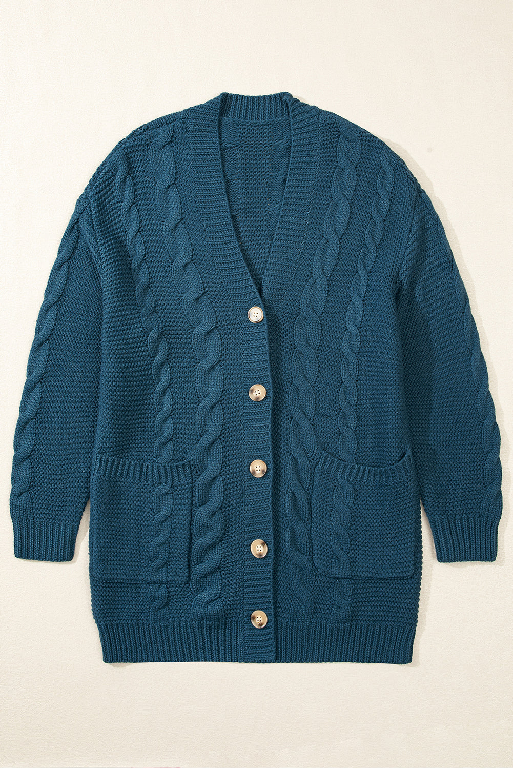 Cable Knit Button Front Pocketed Baggy Cardigan