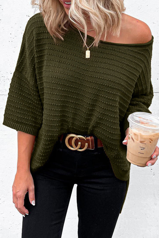 Textured Knit Drop Shoulder Short Sleeve Sweater