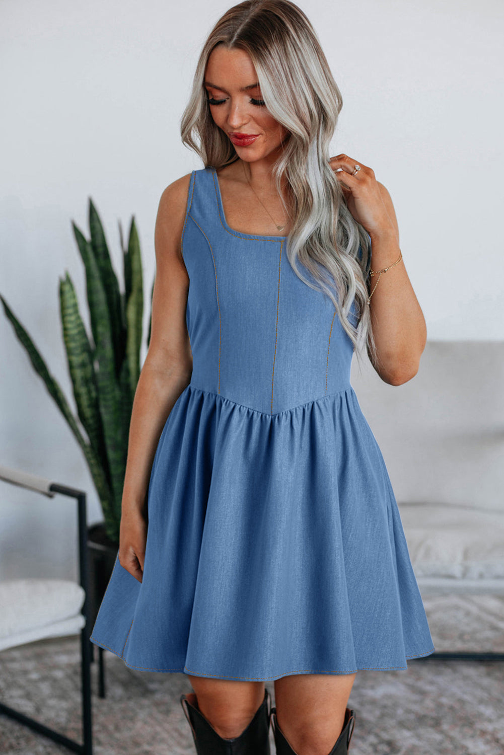 Square Neck Pleated Waist V Cut Backless Tied Fit and Flare Dress