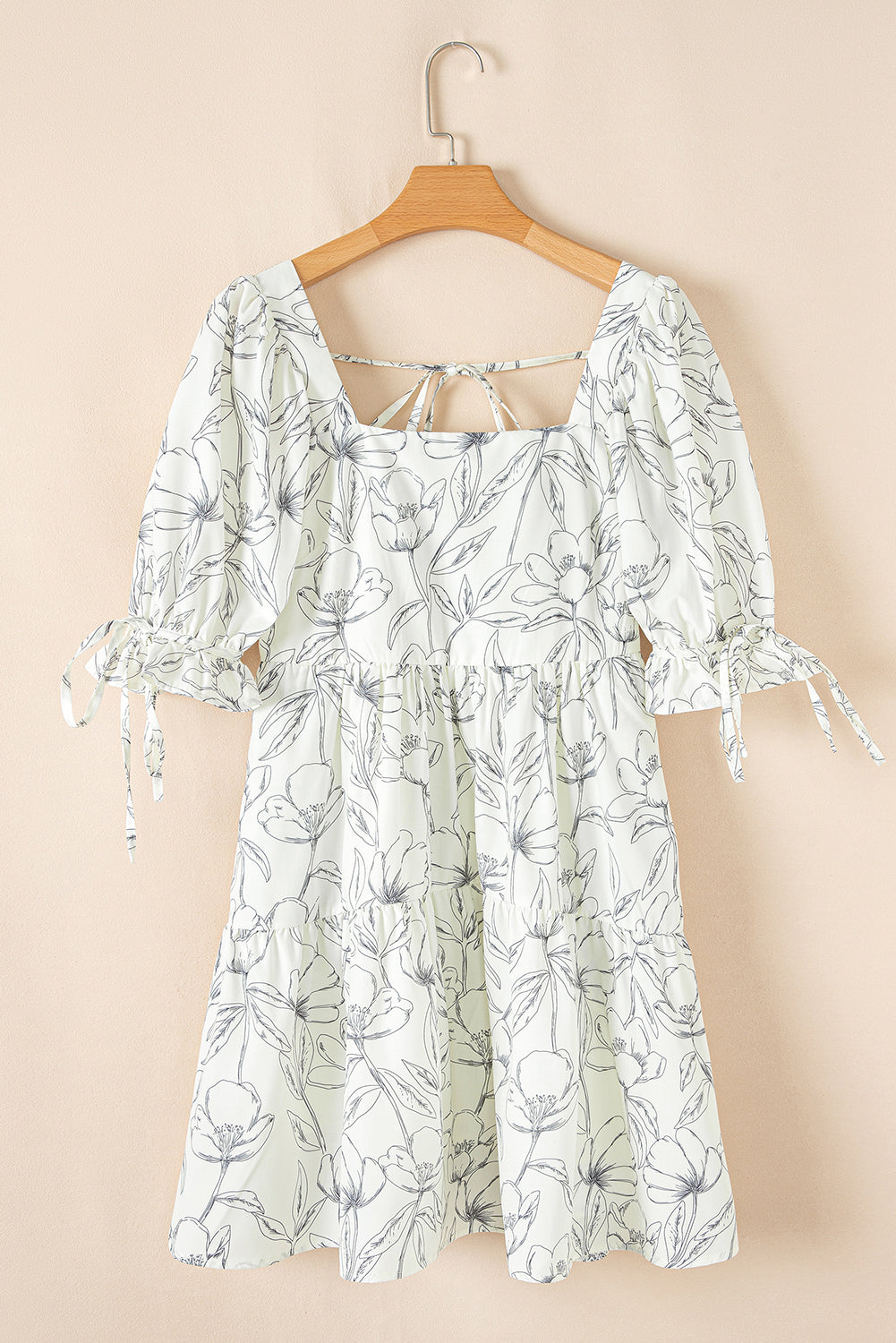 Floral Print Square Neck Shirred Back Puff Sleeve Mini Dress
