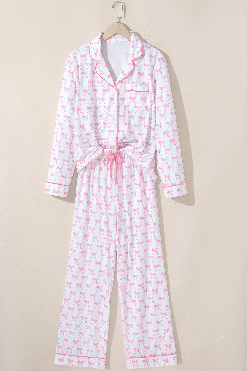 Bow Print Long Sleeve Shirt and Pants Soft Pajama Set