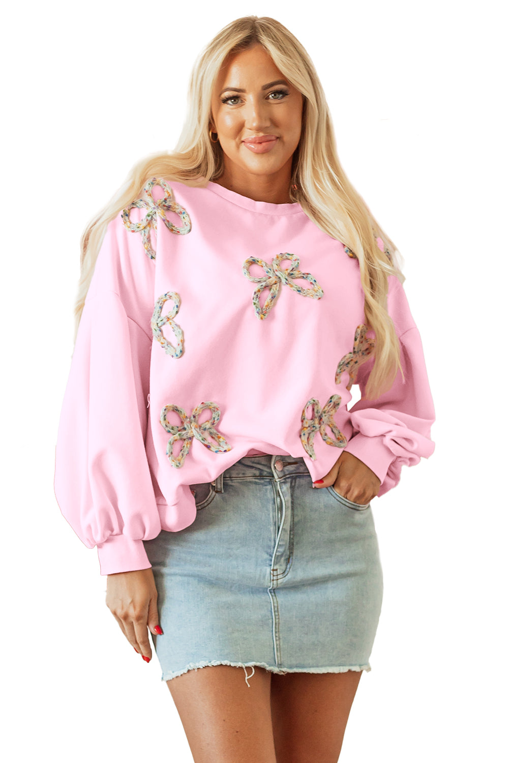 Embroidered Bow Lantern Sleeve Oversized Pullover Sweatshirt