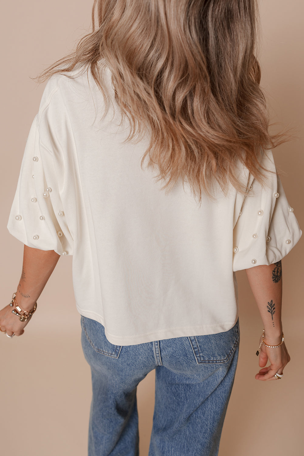 Pearled Puff Sleeve Round Neck Loose Top