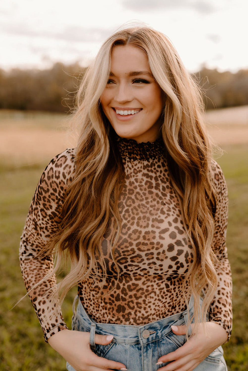 Leopard Smocked Neck Mesh Long Sleeve Bodysuit