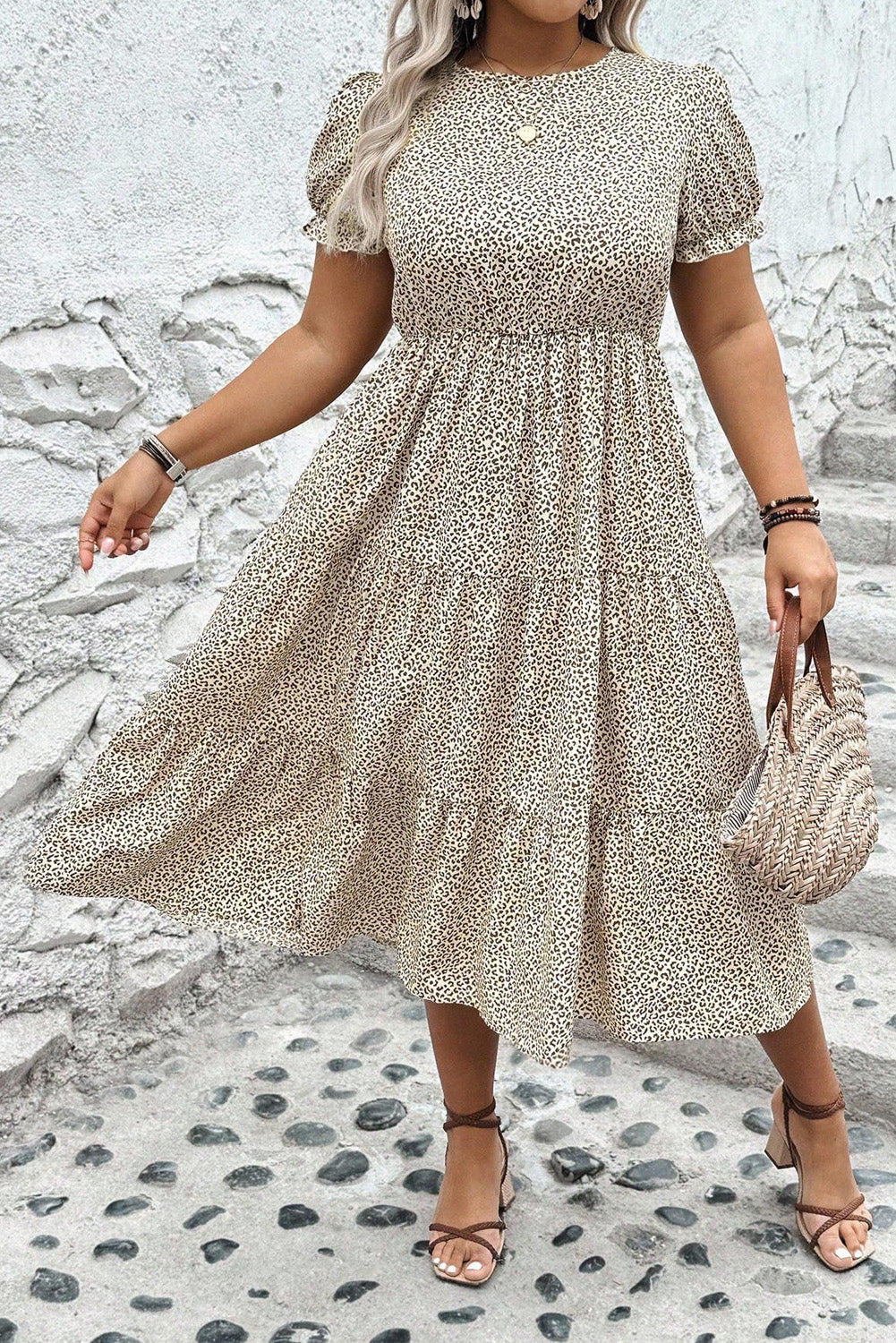 Plus Size Leopard Print Frill Trim Short Sleeve Flared Dress
