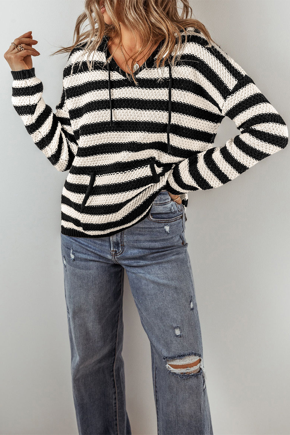 Stripe V Neck Pocketed Drawstring Hooded Sweater