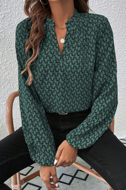 Geometric Print Notched Neck Puff Sleeve Blouse