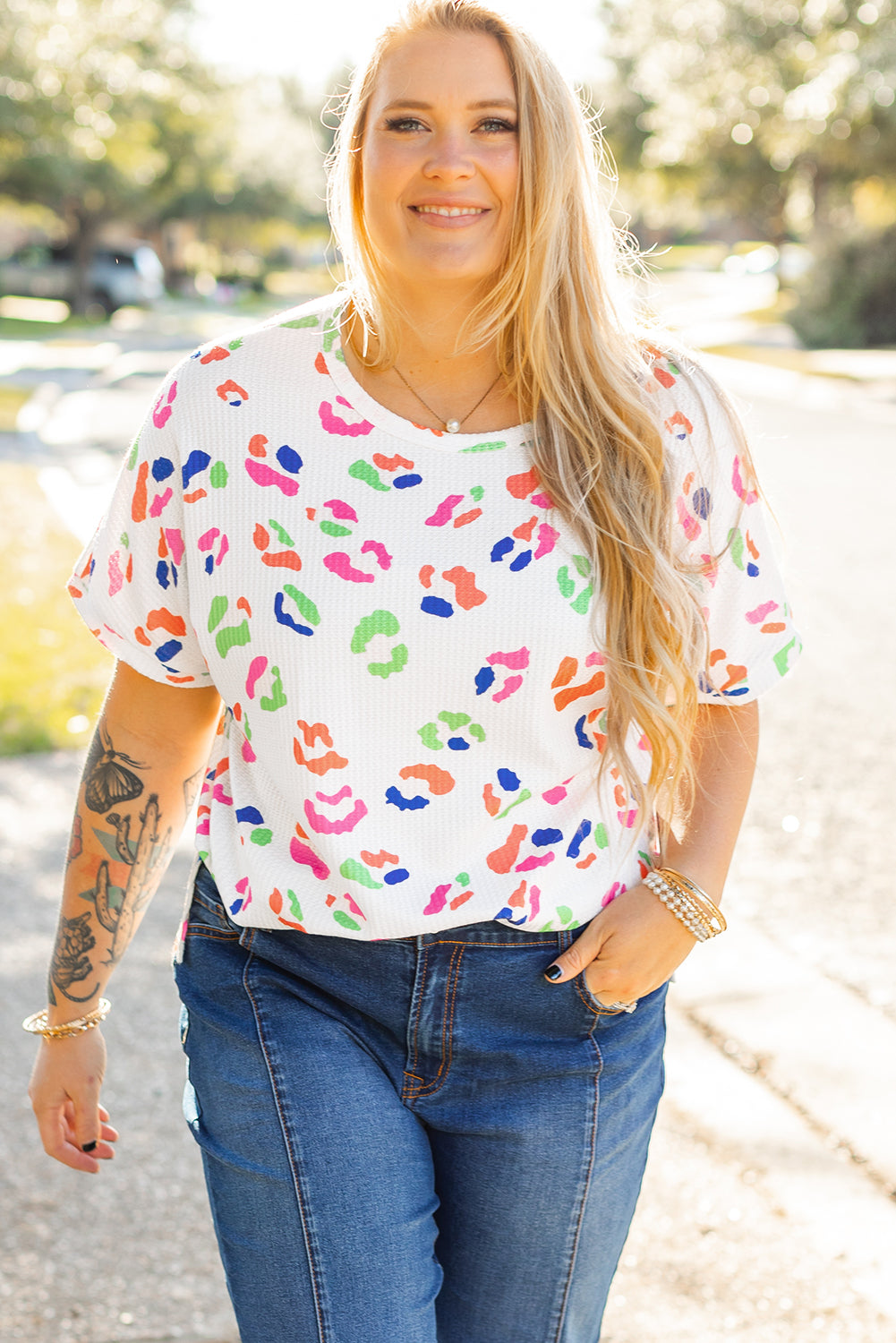 Multicolor Leopard Print Textured Plus Size T Shirt