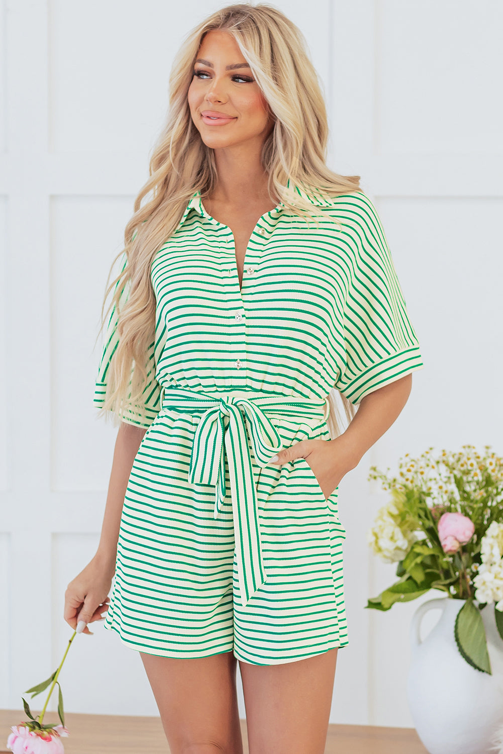 Textured Short Sleeve Collared Buttoned Waist Tie Romper