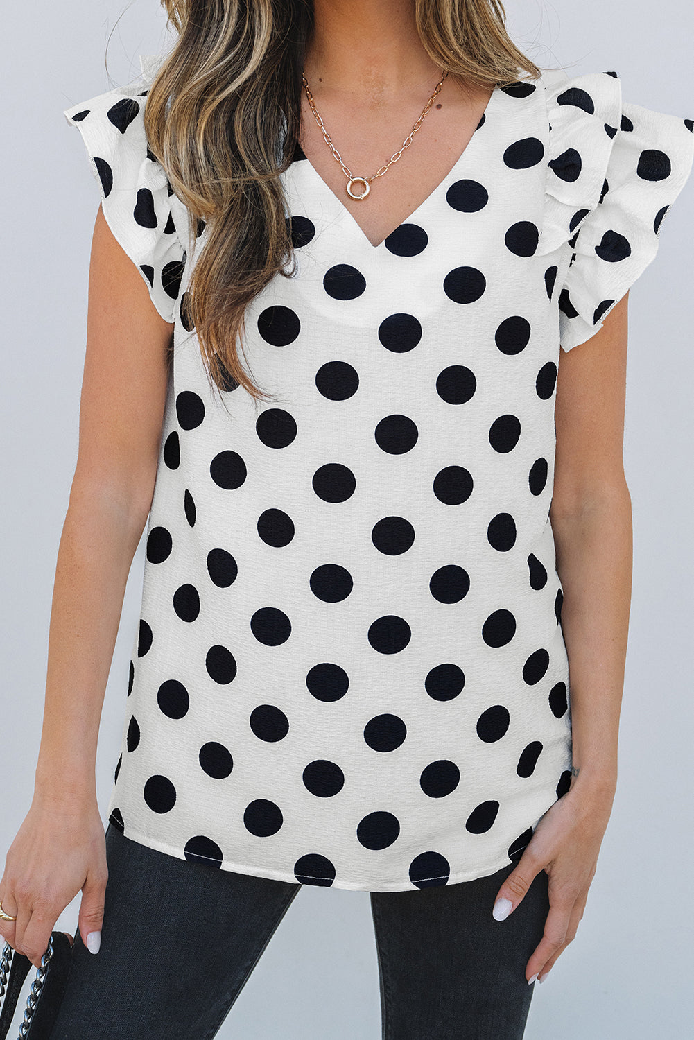 Polka Dot Print Ruffled Sleeve V Neck Blouse