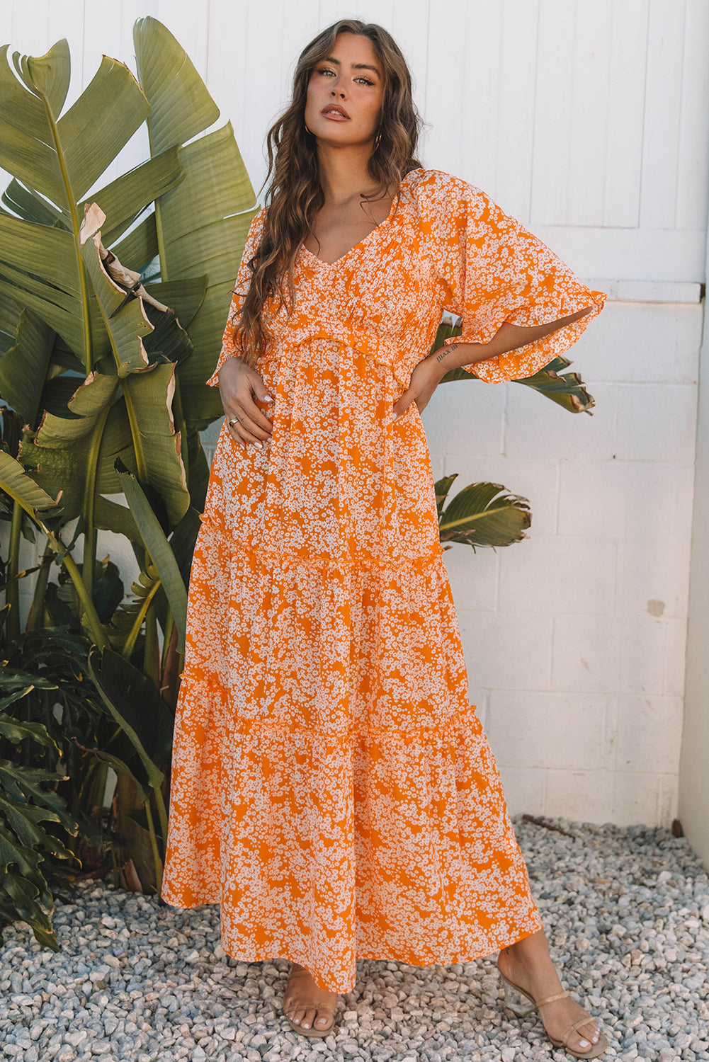 Floral Print Smocked V Neck Wide Sleeve Maxi Dress