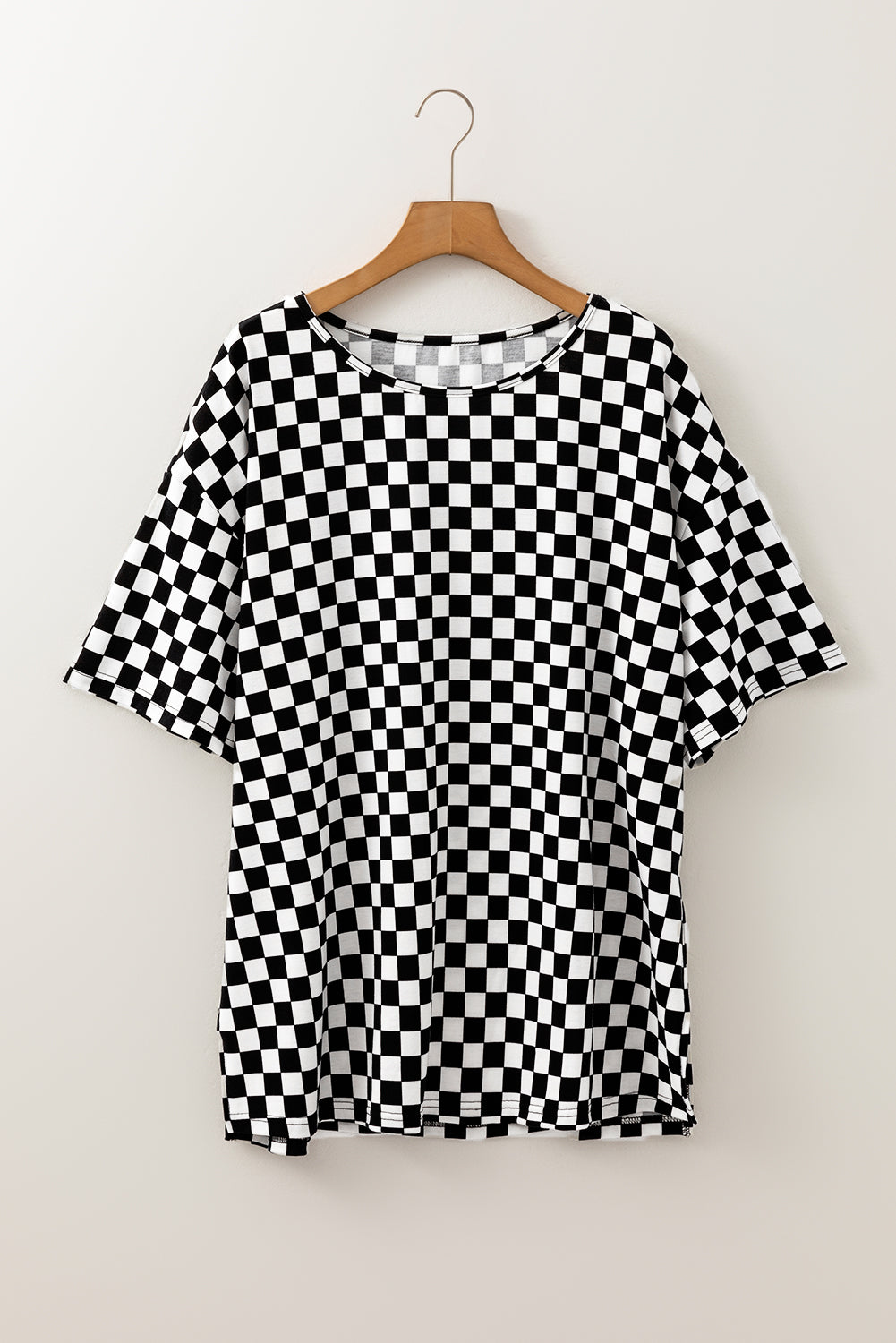 Checkered Print Side Slits O Neck Plus Size T Shirt