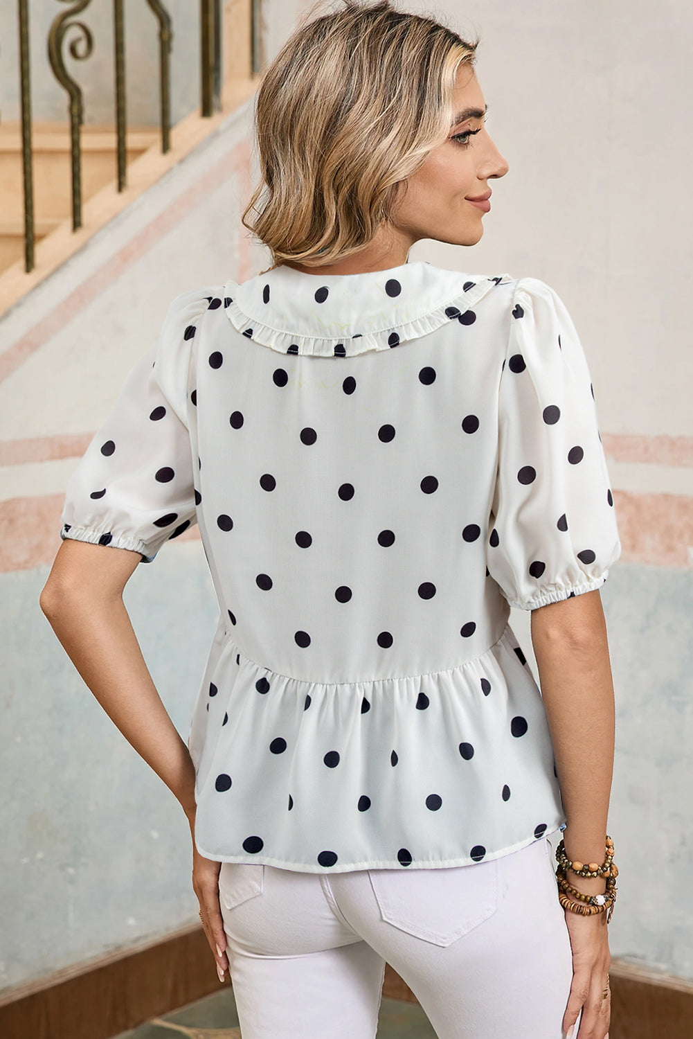 Polka Dot Collared Lace up Font Puff Sleeve Peplum Top