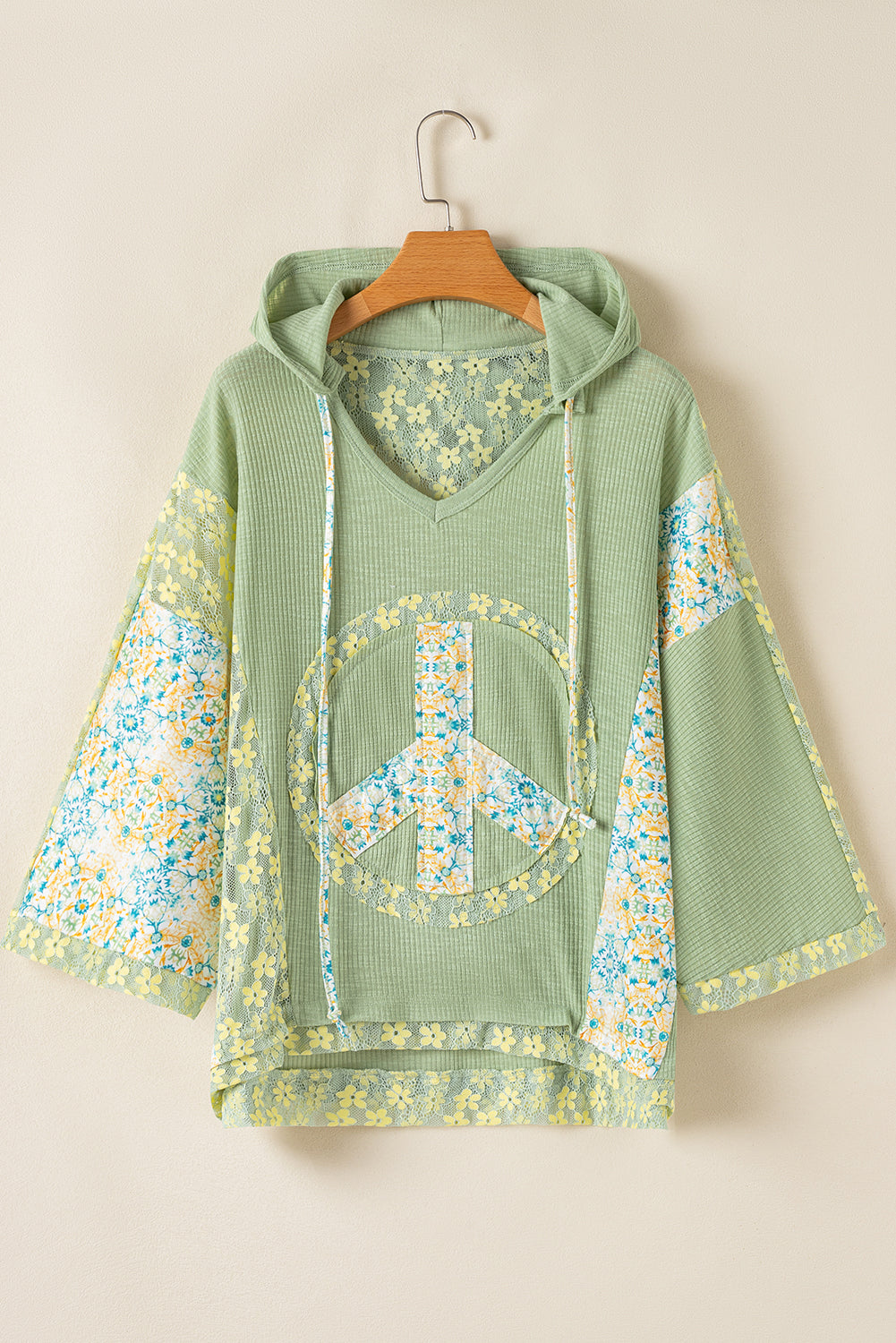 Oversized Floral Peace Sign Graphic Patchwork Knit Hooded Top