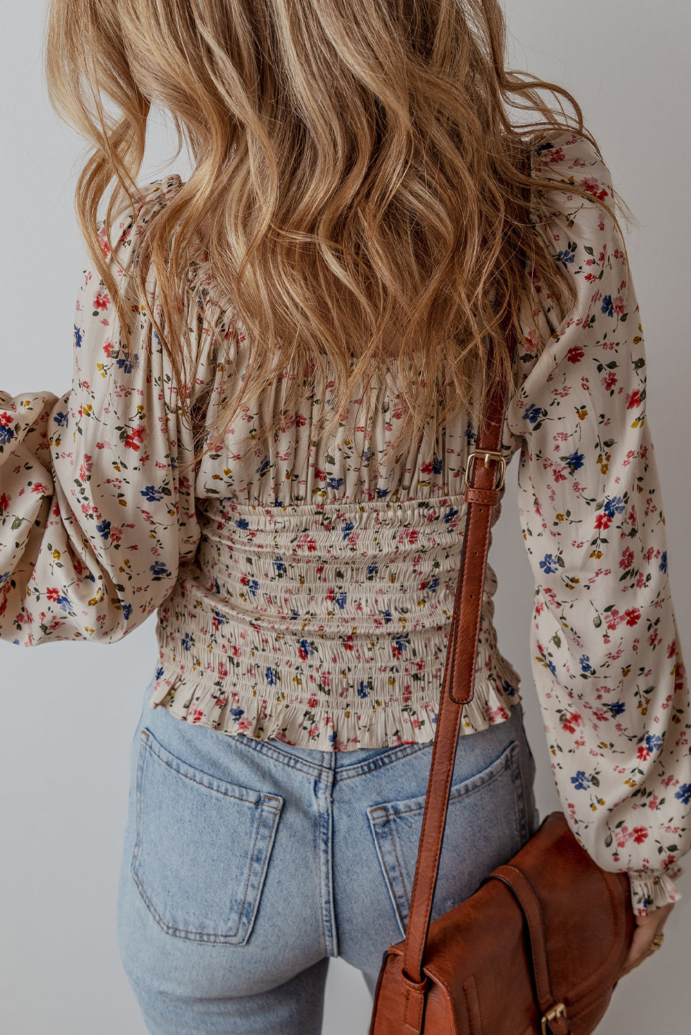 Boho Floral Print Smocked Waist V Neck Blouse