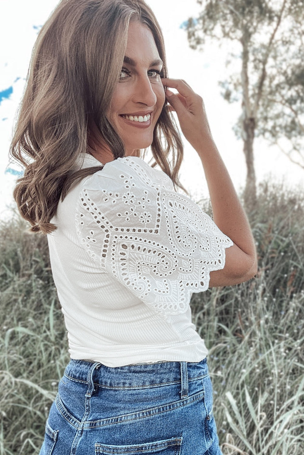 Eyelet Pattern Short Sleeve Patchwork Ribbed Top