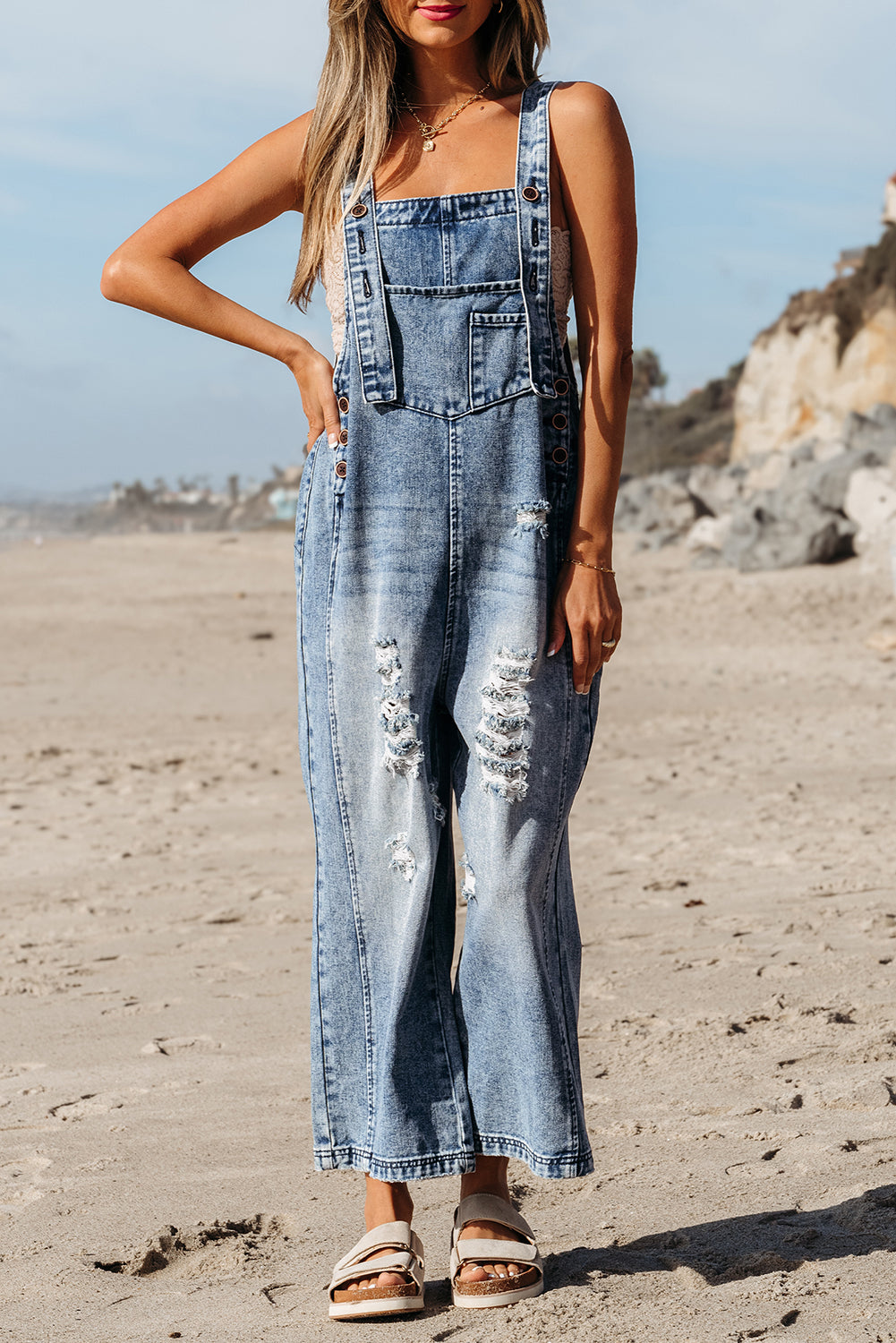 Distressed Bib Pocket Wide Leg Denim Overall