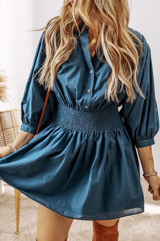 3/4 Sleeve Shirred High Waist Buttoned Mini Dress