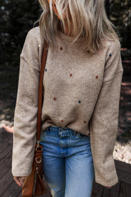 Contrast Colored Dot Detail Drop Shoulder Sweater