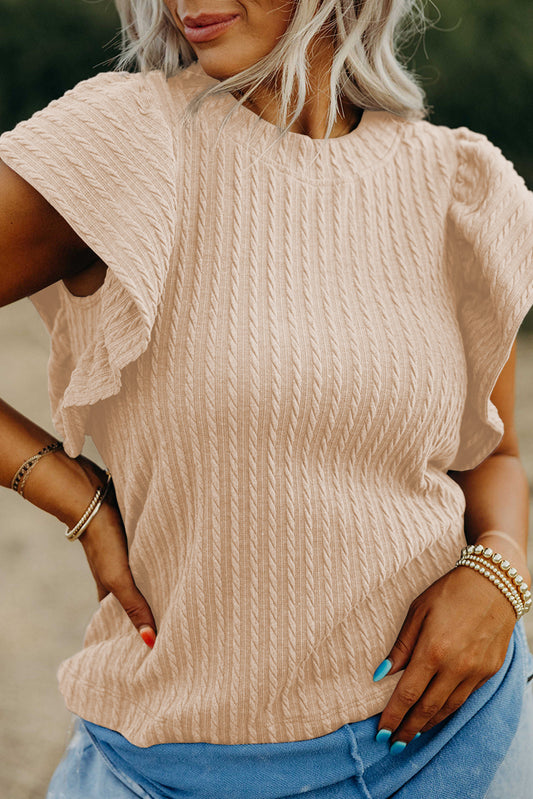 Solid Color Textured Flutter Sleeve Top