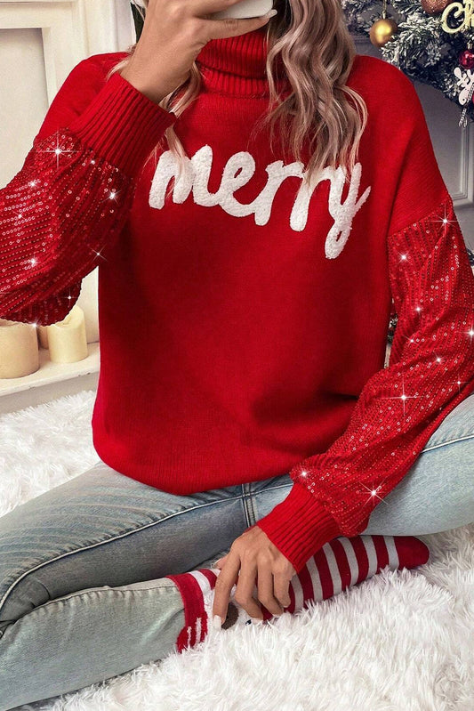 Merry Graphic Sequin Sleeves Christmas Turtleneck Sweater