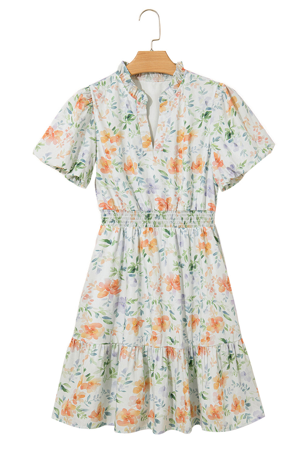 Floral Print Shirred High Waist Puff Sleeve Mini Dress