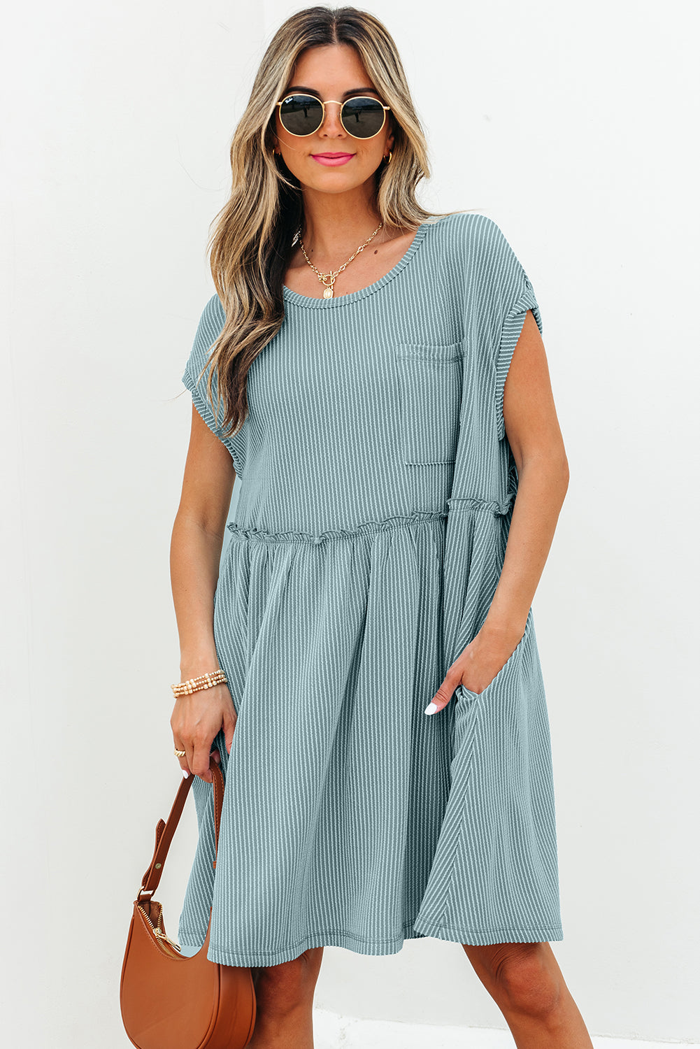 Corded Knit Textured Patched Pocket Frilled Swing Mini Dress with Pockets