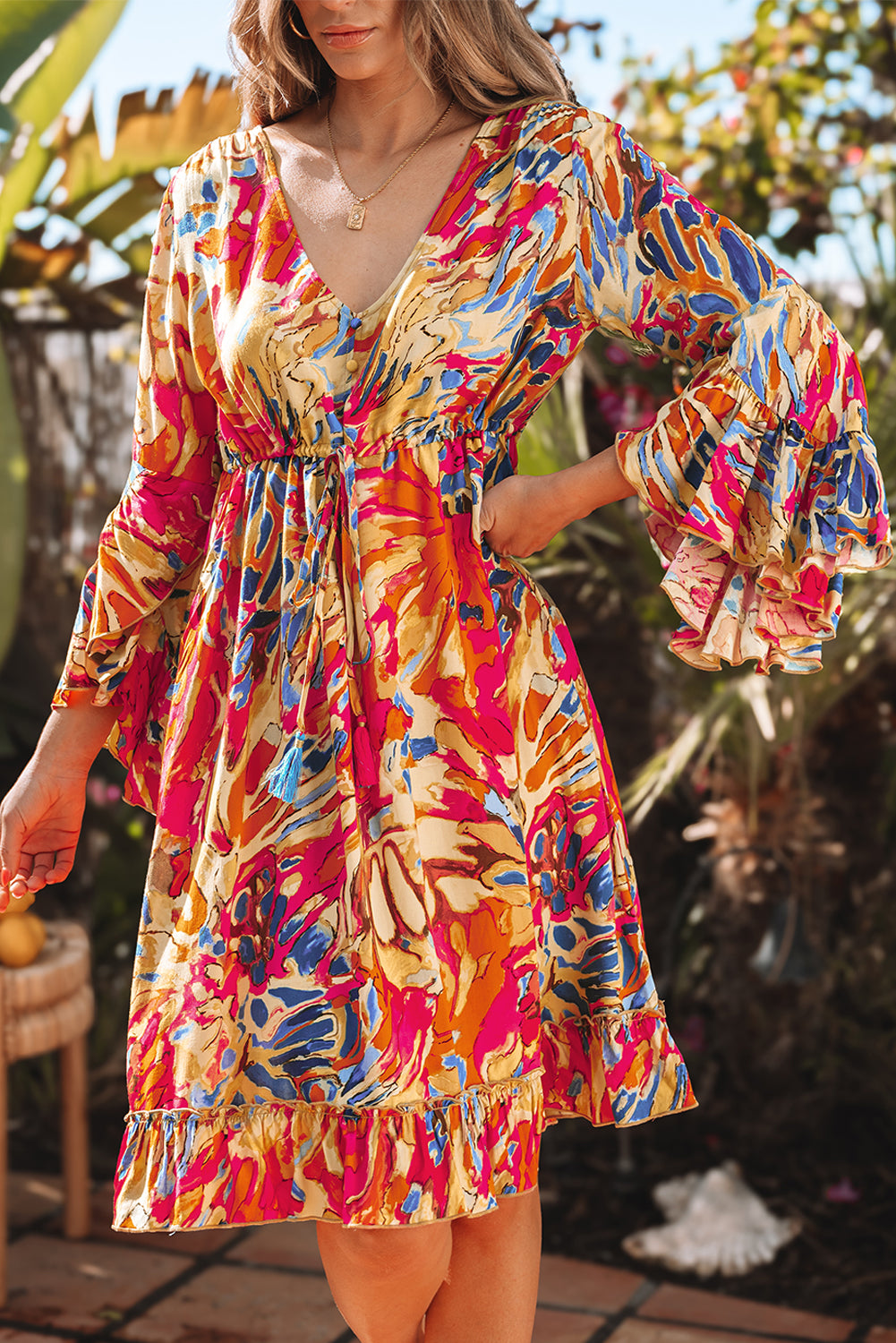 Print Flared Sleeve Ruffled Hem Tunic High Waist Flowy Dress