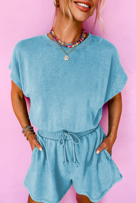 Mineral Wash Drawstring Waist Hollow Out Back Short Sleeve Romper