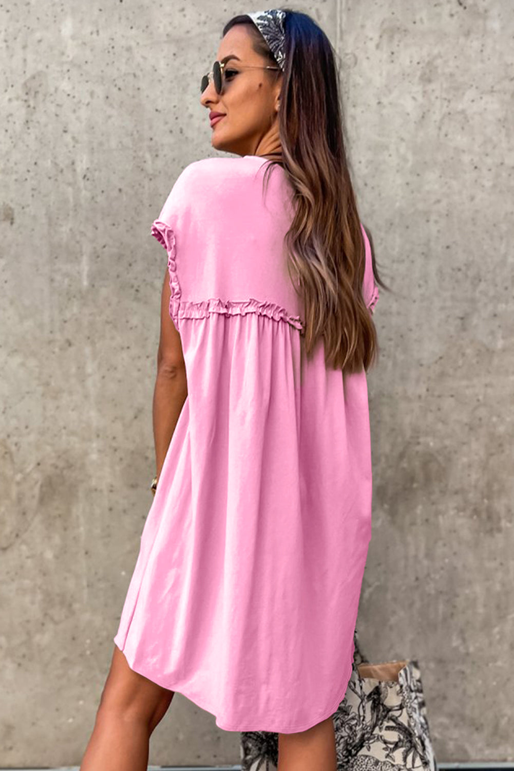 Frilled Trim Crew Neck Loose Fit Mini Dress