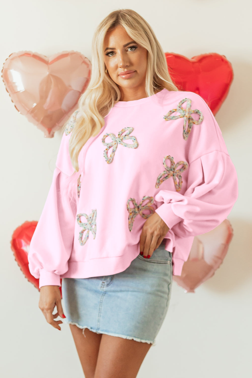 Embroidered Bow Lantern Sleeve Oversized Pullover Sweatshirt