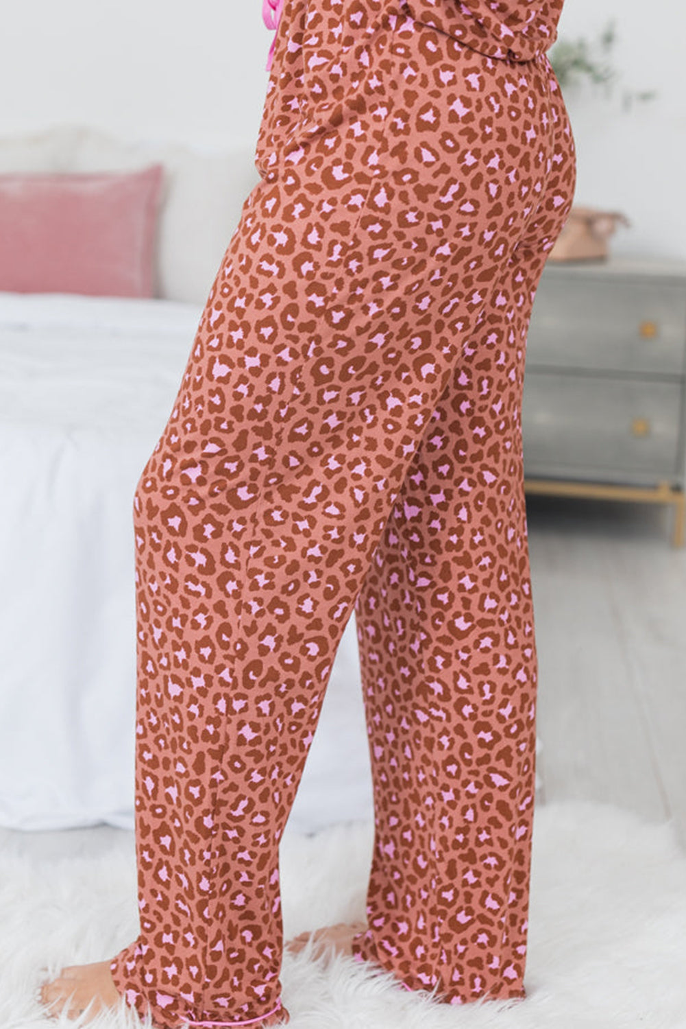 Leopard Print Short Sleeve Shirt and Pants Pajamas Set