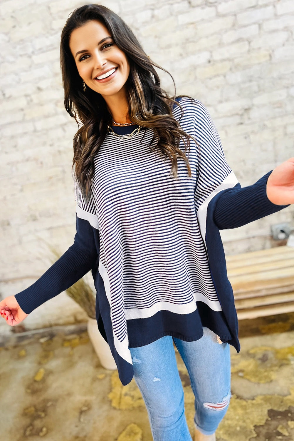 Stripe Color Block Patchwork Dolman Oversize Tunic Sweater
