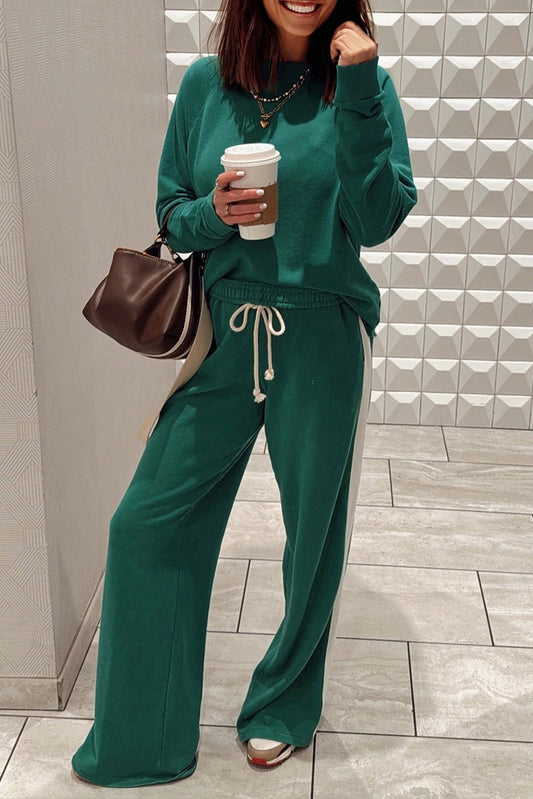 Solid Color Pullover Top Varsity Stripe Detail Loose Drawstring Pants Set
