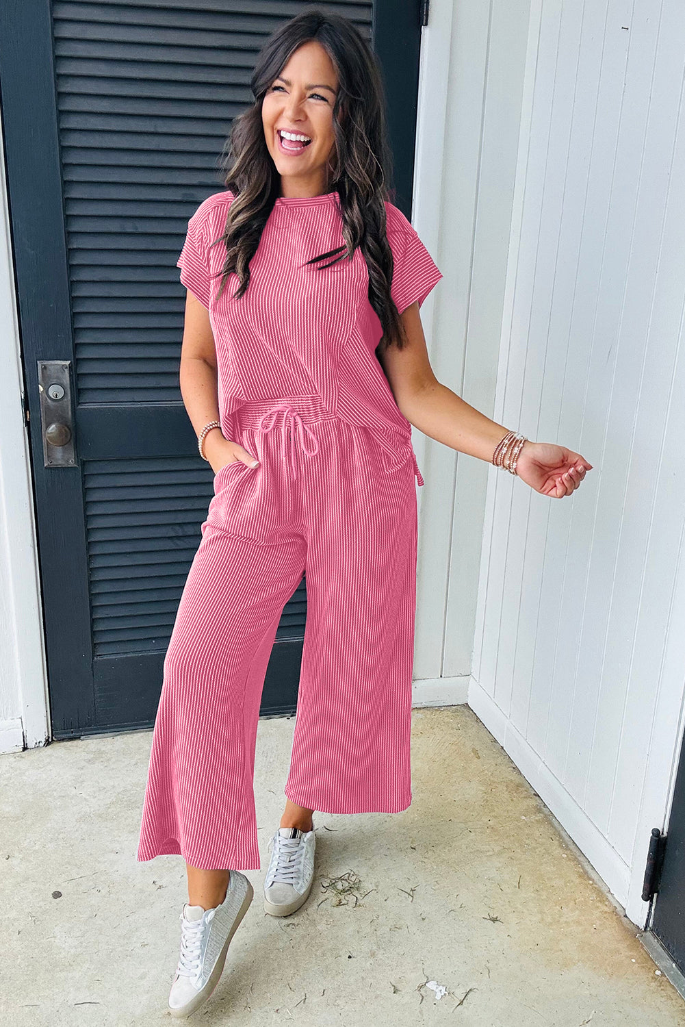 Solid Corded Knit Short Sleeve T Shirt and Wide Leg Pants Set