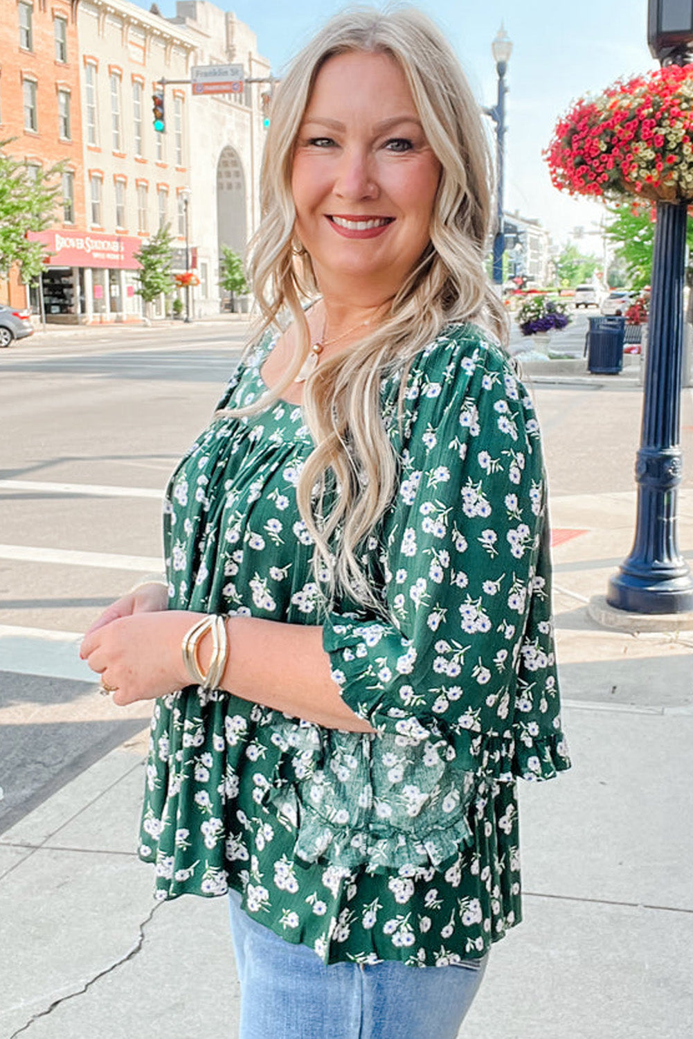 Floral Print Square Neck Ruffled Trim Plus Size Blouse