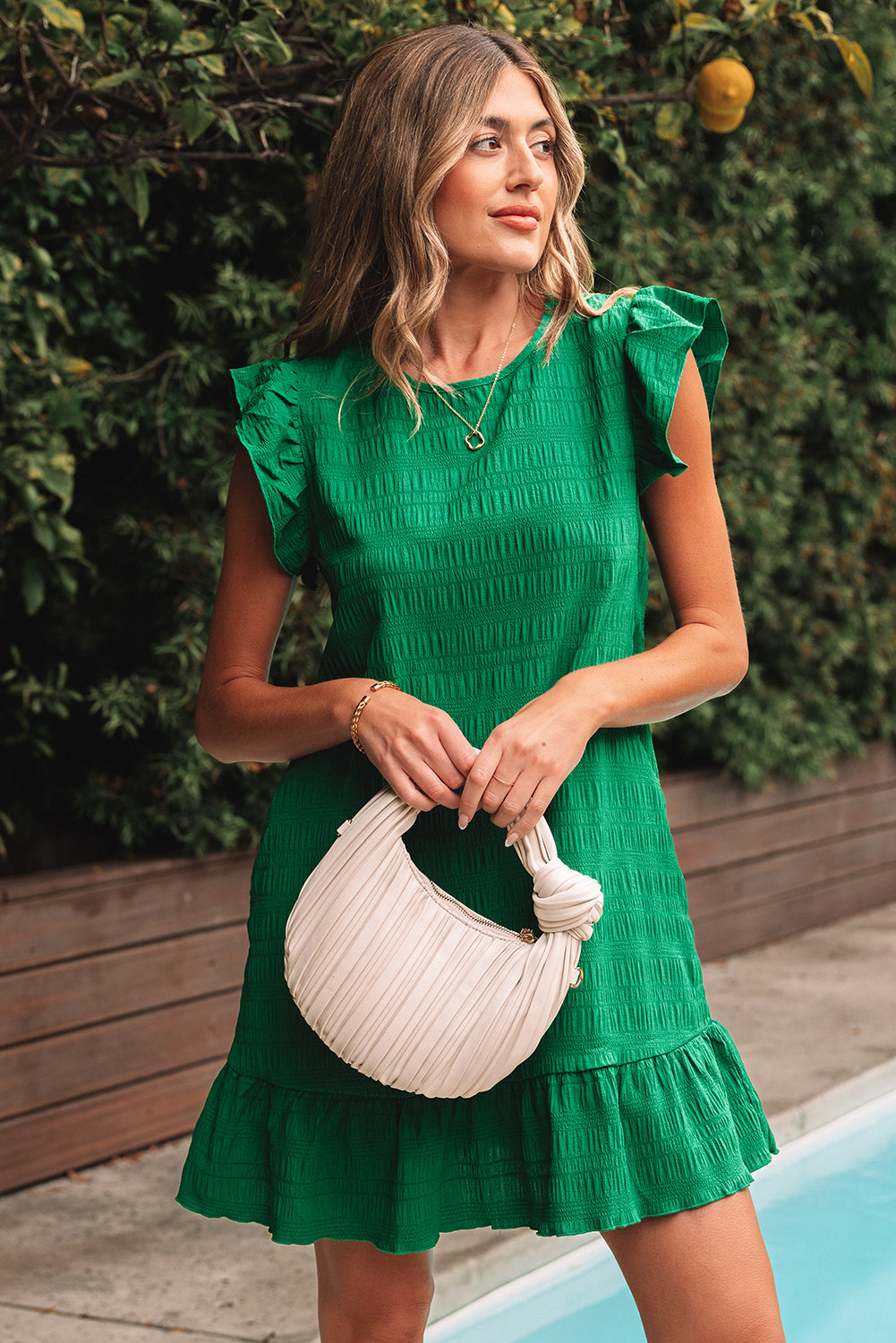Textured Flutter Sleeve Ruffled Mini Dress