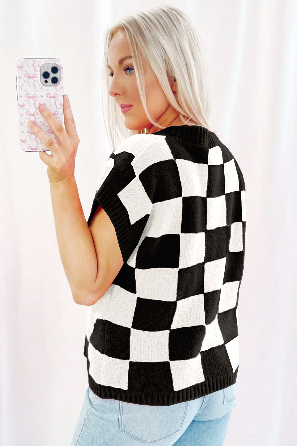 Colorblock Plaid Pattern Ribbed Trim Sweater Tank Top