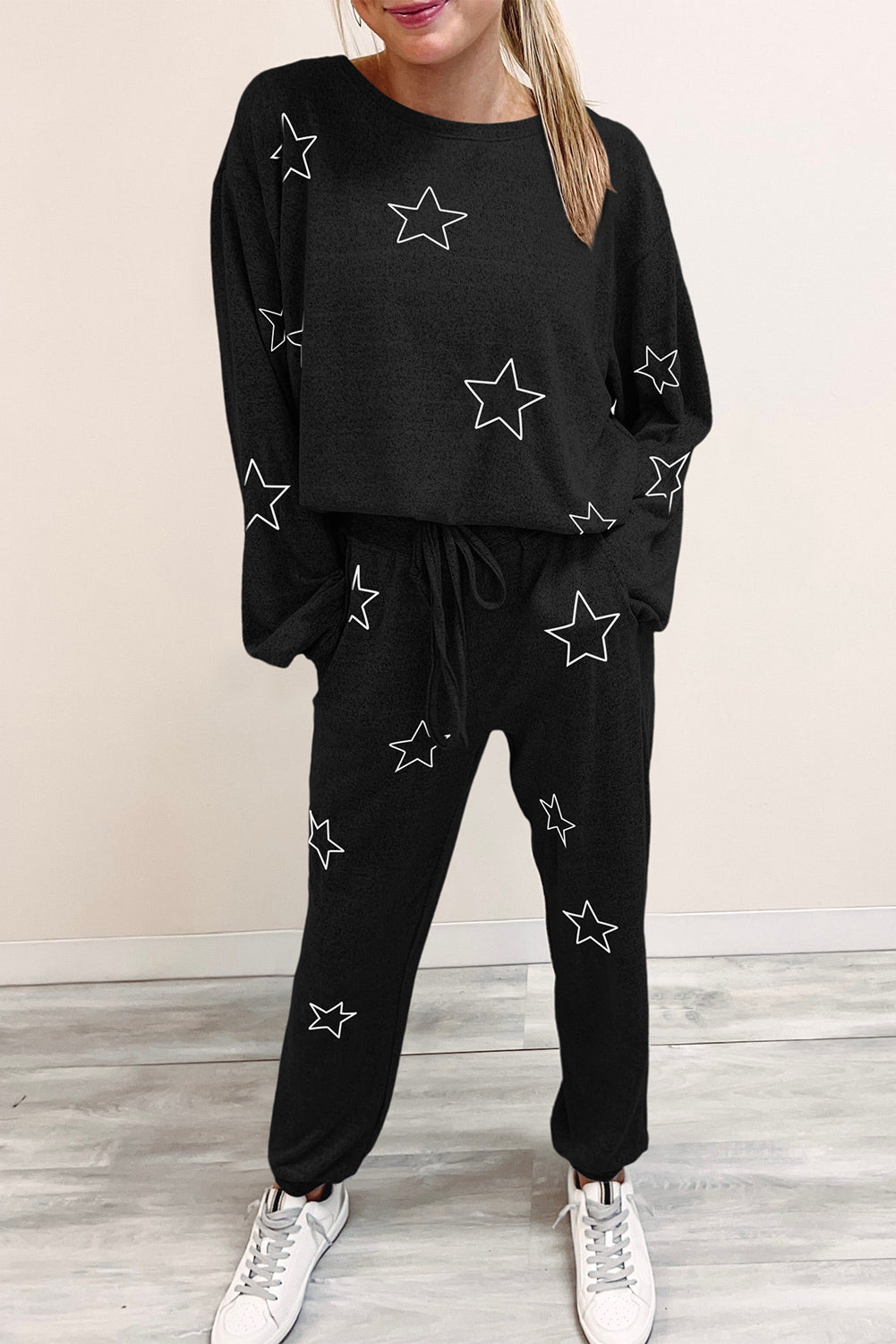 Stars Print Long Sleeve Drawstring High Waist Lounge Set