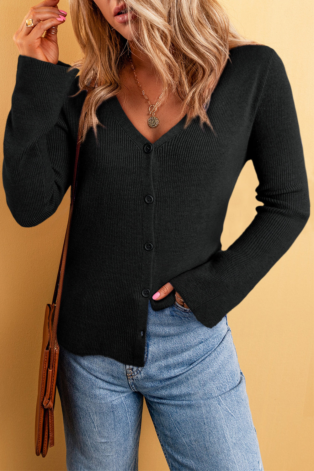 Lightweight Ribbed Knit Button Front V Neck Cardigan