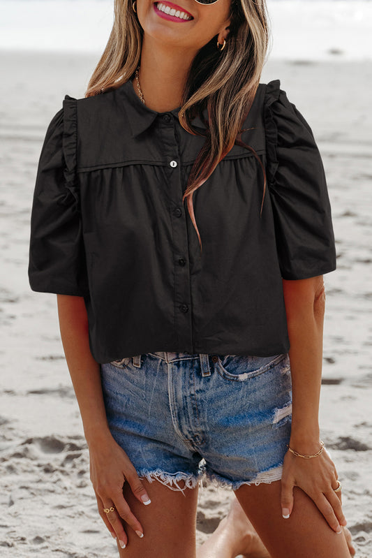 Frilly Puff Sleeve Stylish Collared Shirt